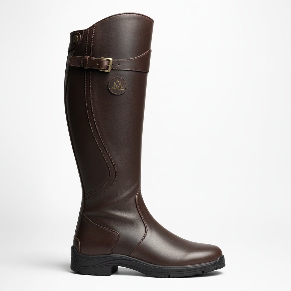 Knee-high leather equestrian riding boots for women featuring arch support and an adjustable fit, perfect for comfort and style in horseback riding. 0